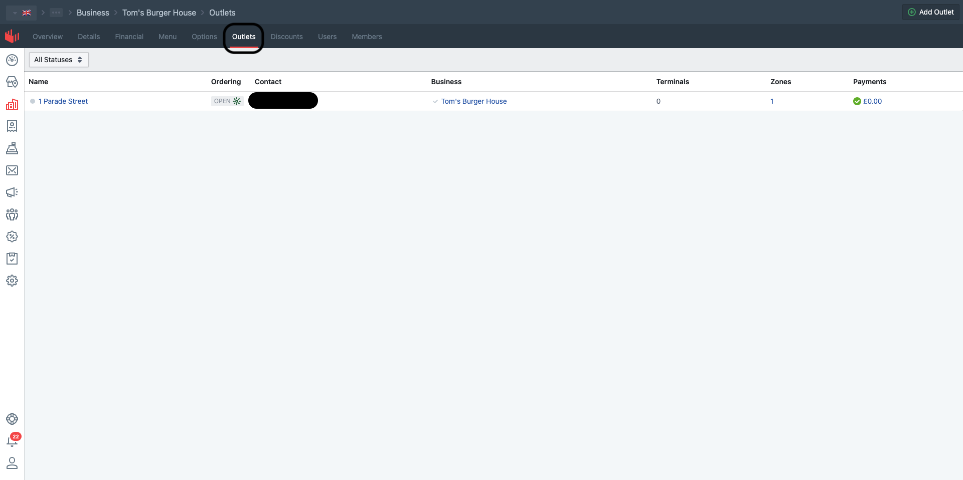 Business view with the Outlets tab highlighted in the top nav.