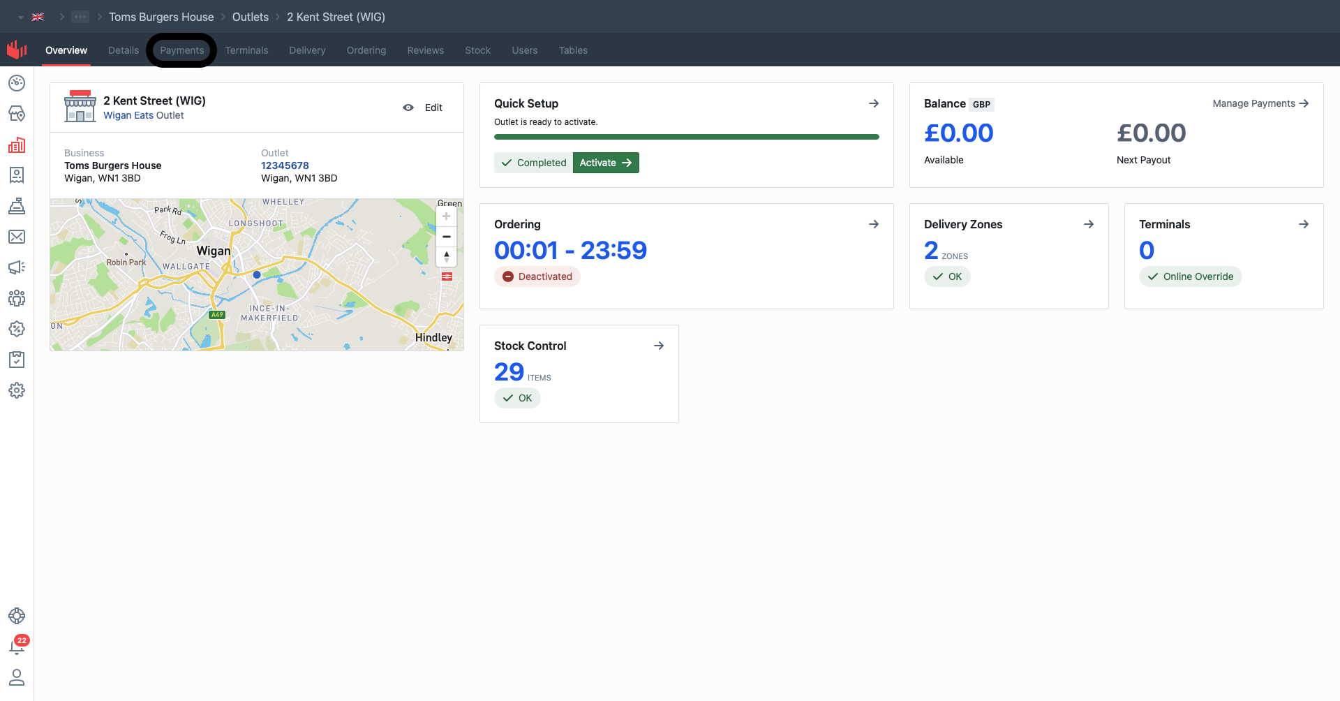 Outlet view with the Payments tab highlighted in the top nav.
