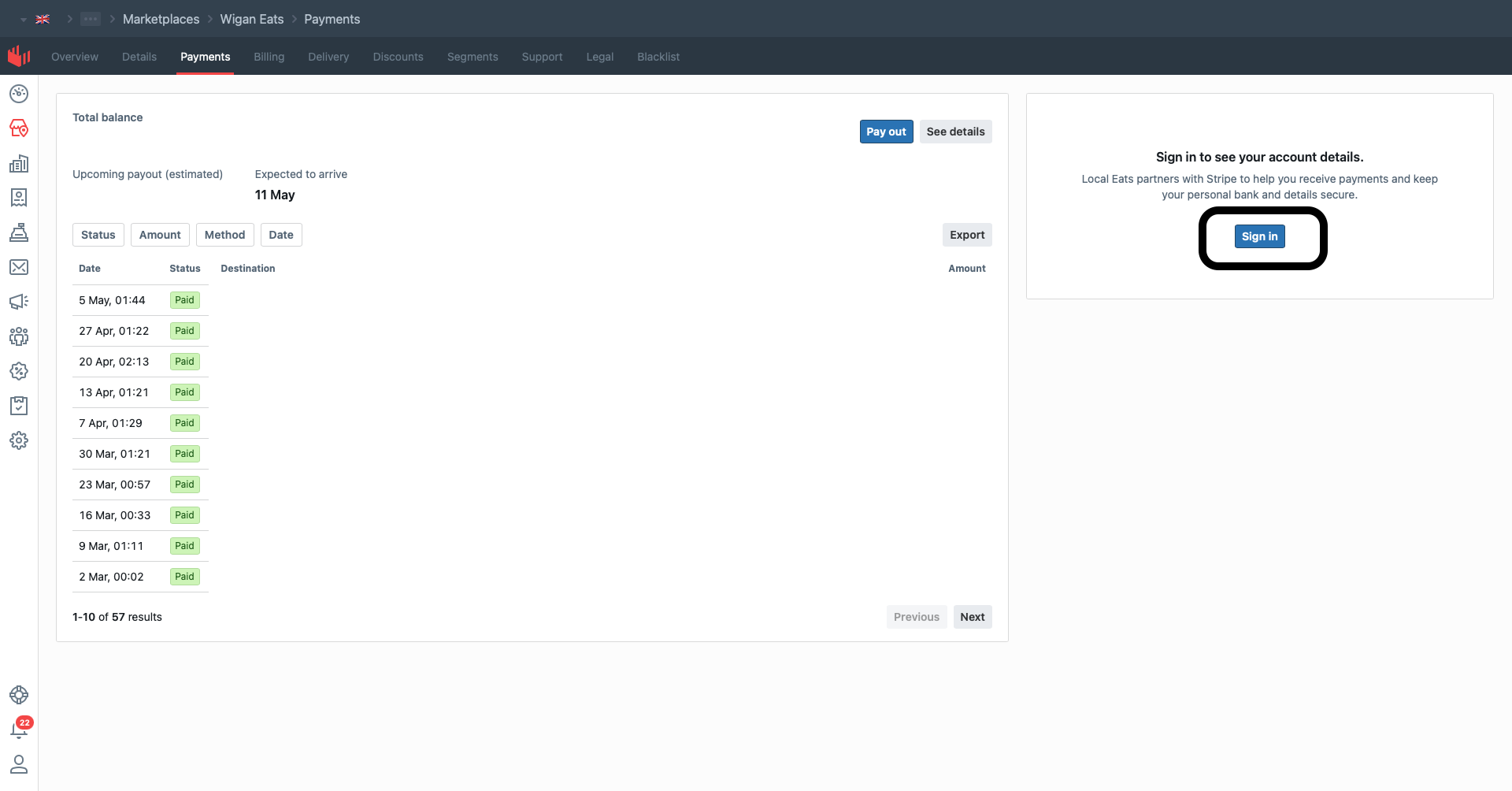 Payments page with a "Sign in" button on the right inside a Stripe panel.