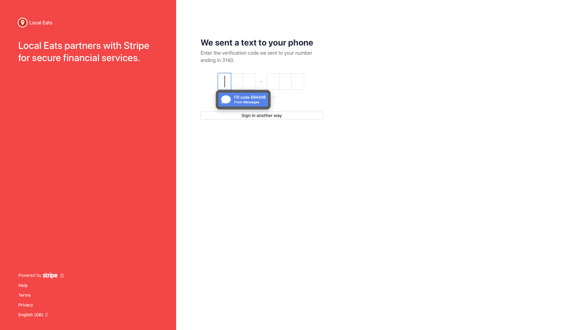 Stripe verification page asking for a 6-digit code sent by SMS.