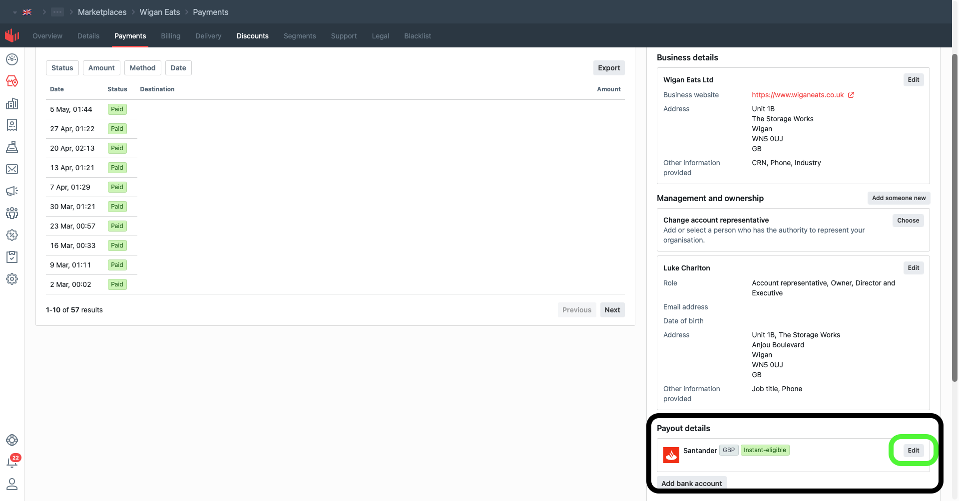 Payout details section showing the existing bank with an Edit button highlighted.